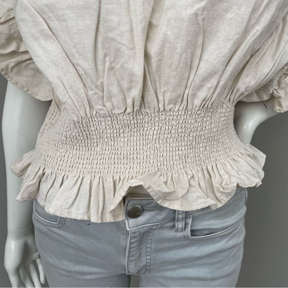 CUPCAKES & CASHMERE Linen Blend Tan Cream Ruffle Sleeve Smocked Waist Blouse - Picture 3 of 6